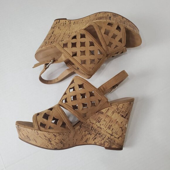 FRANCO SARTO Womens Sandals 8 Shea‎ Cut Out Wedge Cork Leather Tan Chunky Y2K - Picture 6 of 9